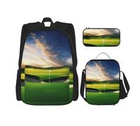 OUSIKA Lot de 3 sacs à dos décontractés avec boîte à déjeuner et trousse à crayons pour homme et femme Motif parcours de golf, Noir , Taille unique