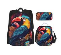OUSIKA Lot de 3 sacs à dos décontractés avec boîte à déjeuner et trousse à crayons pour homme et femme Motif oiseaux sauvages tropicaux, Noir , Taille unique