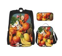 OUSIKA Lot de 3 sacs à dos décontractés avec boîte à déjeuner et trousse à crayons pour homme et femme Motif fruits tropicaux et fleurs, Noir , Taille unique