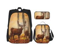 OUSIKA Lot de 3 sacs à dos décontractés avec motif cerf blanc en automne avec boîte à déjeuner pour homme et femme, Noir , Taille unique