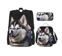 OUSIKA Lot de 3 sacs à dos décontractés avec motif chien husky avec boîte à déjeuner et trousse à crayons pour homme et femme, Noir , Taille unique