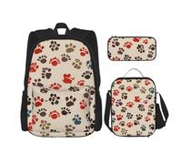 OUSIKA Lot de 3 sacs à dos décontractés avec motif empreintes de pattes de dessin animé avec boîte à déjeuner et trousse à crayons pour homme et femme, Noir , Taille unique