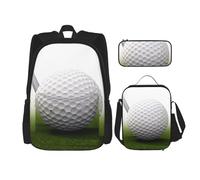 OUSIKA Lot de 3 sacs à dos décontractés imprimés balle de golf avec boîte à déjeuner et trousse à crayons pour homme et femme, Noir , Taille unique