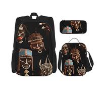 OUSIKA Lot de 3 sacs à dos imprimés africains rituels ethniques tribaux décontractés avec boîte à déjeuner et trousse à crayons pour homme et femme, Noir , Taille unique
