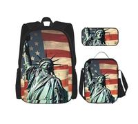 OUSIKA Lot de 3 sacs à dos imprimés Statue de la Liberté, sac à dos décontracté avec boîte à déjeuner et trousse à crayons pour homme et femme, Noir , Taille unique