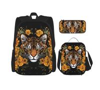 OUSIKA Lot de 3 sacs à dos imprimés tigre et tournesol sur fond noir avec boîte à déjeuner et trousse à crayons pour homme et femme, noir, taille unique, Noir , Taille unique