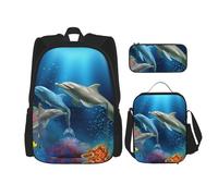 OUSIKA Lot de 3 sacs à dos sous-marins avec motif dauphins corail, sac à dos décontracté avec boîte à déjeuner et trousse à crayons pour homme et femme, Noir , Taille unique