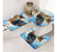 OUSIKA Lot de 3 tapis de bain antidérapants en forme de U et couverture pour abattant de toilettes, motif bateaux et peintures à l'huile de mer, tapis de sol en microfibre douce, tapis de douche
