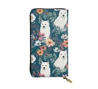 OUSIKA Portefeuille en cuir pour homme et femme - Grand porte-cartes de crédit - Motif chien blanc et fleurs - Avec fermeture éclair - Support de téléphone - Long sac à main de voyage, Noir , Taille
