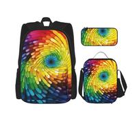 OUSIKA Rainbow Swirl Ensemble de 3 sacs à dos décontractés avec boîte à déjeuner et trousse à crayons pour homme et femme, noir, taille unique, Noir , Taille unique