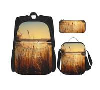 OUSIKA Reeds by the River Lot de 3 sacs à dos imprimés décontractés avec boîte à déjeuner et trousse à crayons pour homme et femme, noir, Noir , Taille unique