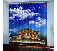 OUSIKA Rideaux Occultant Impression 3D Printing Architecture Chinoise Bleu Ciel Rideau Chambre Enfant Fille Oeillets Ensemble Lot De 2 Décoration De 160x200Cm Fenêtre pour Chambre Et Salon Draperies