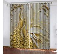 OUSIKA Rideaux Occultant Thermique Isolant 3D Paons Dorés en Relief Motif Impression Rideaux Anti Froid 250x200Cm Rideau À Oeillets pour Chambre Salon Maison Bureau Fenêtre Polyester 2 Panneaux