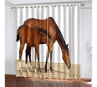OUSIKA Rideaux Occultants Thermique Phonique 3D Animal Cheval Brun pour Salon Et Chambre Isolant Impression 234x230Cm Rideau Phonique A Oeillets Lot De 2 Panneaux Isolant Polyester Décoration