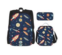 OUSIKA Rocket in Space Lot de 3 sacs à dos imprimés décontractés avec boîte à déjeuner et trousse à crayons pour homme et femme, Noir , Taille unique