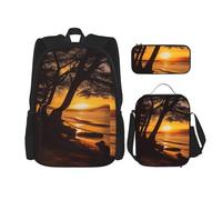 OUSIKA Seashore Trees Sunset Ensemble sac à dos décontracté 3 pièces avec boîte à déjeuner et trousse à crayons pour homme et femme, Noir , Taille unique