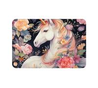 OUSIKA Tapis de bain super doux en flanelle imprimé fleur et licorne - Tapis de bain antidérapant lavable - Tapis de sol décoratif pour salon, canapé, chambre à coucher