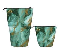 OUSIKA Trousse à crayons télescopique sur pied avec fermeture éclair pop-up - Marbre vert doré - Trousse de maquillage portable pour bureau, vacances, cadeau d'anniversaire