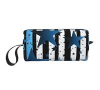 OUSIKA Trousse de maquillage portable bleue noire à rayures blanches et étoiles pour femme, sac de rangement de voyage, sac de réception quotidienne, trousse de toilette de grande capacité, blanc,