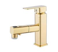Out Hole Bathroom Faucet with 3 Modes Pull Down Sprayer, Single Lever Hot and Cold Water Sink Brass Mixer taps Gold,Short