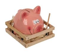 Tirelire Cochon Céramique Étable 14 x 12 cm - Argent - Gris - Tirelire - Céramique, Bois