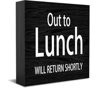 Out To Lunch Will Return Shortly New Home Decor - Idée cadeau rustique - Panneau en bois pour bureau, étagère, décoration de chambre de ferme - 12,7 x 12,7 cm