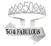 Outanaya Ensemble de Couronne et Écharpe Argentée pour Anniversaire 50 Ans, Accessoires de Fête Scintillants pour Femme, Décoration Festive Élégante, Coffret 2 Pièces pour Célébration