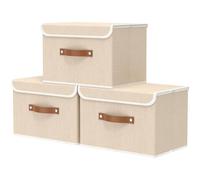 OUTBROS Paniers de Rangement, 45 x 30 x 30 cm Boîte Pliables avec Couvercles et Poignées, Caisse Range pour Vêtement, Magazine pour, Chambre à Coucher, 3 pièces, Beige