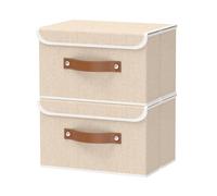 OUTBROS Set de 2 Boîtes de Rangement, 33x23x20 cm Panier avec Couvercle, Boîte en Tissu Pliable, Panier de Rangement Pour Vêtements, Beige