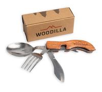 Outdoor Campingbesteck von Woodilla - Couverts pliants, en acier inoxydable & bois, couteau, fourchette, cuillère, décapsuleur, set de couverts 4 pièces