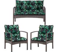 Outdoor Coussin de Palette Set 3-pièces - 2x Coussin de Chaise + 1x Coussin de Banc - Vert avec Feuilles - Coussin d'assise pour meubles en rotin