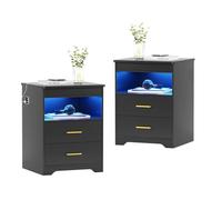 OUTDOOR DOIT LED Table de Chevet Lot de 2 avec Station de Charge, IntelligenteTable de Nuit avec Tiroir Secret,3 Couleurs et Lumières à Capteur Humain Moderne avec 3 Tiroirs pour Chambre,Noir