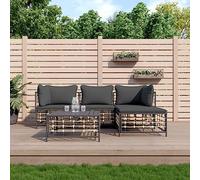 Outdoor Garden Furniture Set 4 Pieces with Cushions, Anthracite Wicker Resin Patio Sofa Set, Modular Corner Sectional Seating Group with Coffee Table and Ottoman for Terrace, Balcony, Backyard