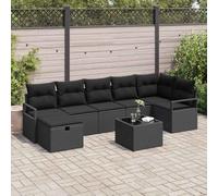 Outdoor Garden Sofa Set 8 Pieces with Cushions, Black Poly Rattan Furniture for Patio Terrace, Modular Sectional Seating Group with Adjustable Feet, Storage Ottoman and Table, Weather Resistant