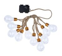 Outdoor Hemp Rope LED String Lights with Clear Plastic Bulbs 10×5L Warm White LEDs, 10 Bulbs (6×9cm/bulb), 30cm Spacing, 50cm Hemp Cord, Gold Metal Base With 3AA Battery Box (Outdoor/Timer Function), 
