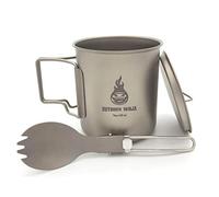 OUTDOOR NINJA Tasse en titane - 420 ml - Vaisselle de camping - Tasse en titane avec couvercle et cuillère - Le poids léger parfait pour la cuisine de camping