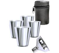 Outdoor Saxx Lot de 4 verres en acier inoxydable, 4 verres de 30 ml et entonnoir, dans un étui en cuir, accessoires idéaux pour fiole de hanche incassables