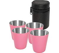 Outdoor Saxx® Lot de 5 tasses incassables en acier inoxydable avec 4 verres à liqueur dans un sac en cuir, rose