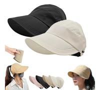 Outdoor UV Protection Hollow Top Sun Hat,Women's Wide Brim Adjustable Summer Hats,Ponytail Caps for Women (FR/ES, Alpha/Lettres, Taille Unique, Black+Off-White)