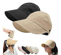Outdoor UV Protection Hollow Top Sun Hat,Women's Wide Brim Adjustable Summer Hats,Ponytail Caps for Women (FR/ES, Alpha/Lettres, Taille Unique, Khaki+Black)