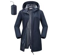 Outdoor Ventures Veste de pluie imperméable pour femme, longue, coupe-vent, veste de transition, légère et respirante, veste d'extérieur avec capuche, Bleu marine, XXL