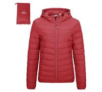 Outdoor Ventures Veste matelassée légère et pliable pour femme - Veste d'hiver chaude avec capuche - Doublée avec poches - Pour les loisirs, la randonnée, les voyages, Rouge, M