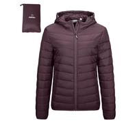 Outdoor Ventures Veste matelassée légère et pliable pour femme - Veste d'hiver chaude avec capuche - Doublée avec poches - Pour les loisirs, la randonnée, les voyages, aubergine, S