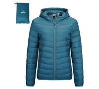 Outdoor Ventures Veste matelassée légère et pliable pour femme - Veste d'hiver chaude avec capuche - Doublée avec poches - Pour les loisirs, la randonnée, les voyages, Céramique bleue, XXL