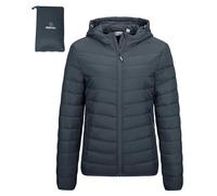 Outdoor Ventures Veste matelassée légère et pliable pour femme - Veste d'hiver chaude avec capuche - Doublée avec poches - Pour les loisirs, la randonnée, les voyages, gris foncé, XL