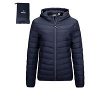 Outdoor Ventures Veste matelassée légère et pliable pour femme - Veste d'hiver chaude avec capuche - Doublée avec poches - Pour les loisirs, la randonnée, les voyages, bleu foncé, XXL