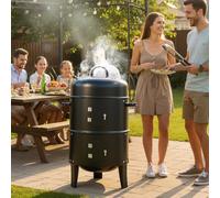 Outdoor Vertical BBQ Grill, 16 Inch Charcoal Stove with Built In Thermometer, Adjustable Air Vents, Double Tier Design, Portable Metal Charcoal Grill for Camping Beach Family Gatherings Noir