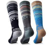 OutdoorMaster Lot de 3 paires de chaussettes de ski en laine mérinos, revers antidérapant au-dessus du mollet, pour homme et femme, noir, bleu, gris, M