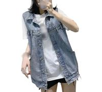 OutFyt Femmes Denim Gilet sans Manches, Revers Vintage Denim Gilet Boutonné Gilet Léger Jean Veste Printemps Été Hauts Racerback,Bleu,XL