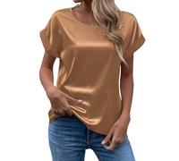 OutFyt Haut Femme Chemisier en Satin pour Femme, Chemise D'Été À Manches Courtes pour Dames, Col Rond, Couleur Unie, Basique, Décontracté, pour Sortir, Bureau, Travail, Kaki, XXL